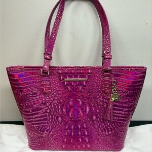 Brahmin Embossed Croc Leather Tote – Magenta Pink with Gold Hardware